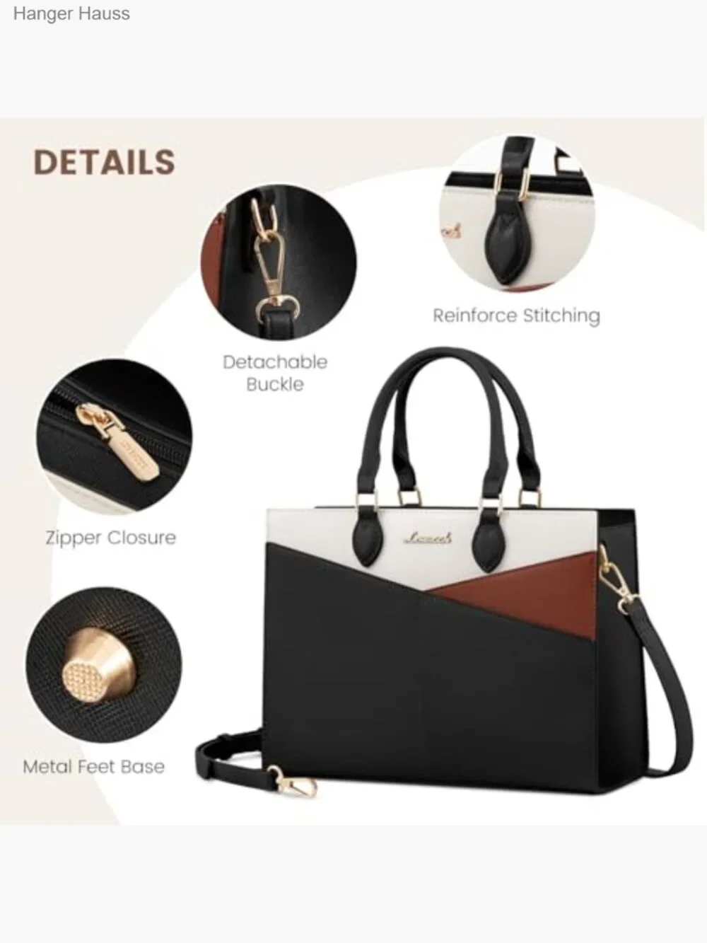 Pu Leather Satchel Handbag Tote Shoulder Crossbody Zipper Closure 6 Pockets